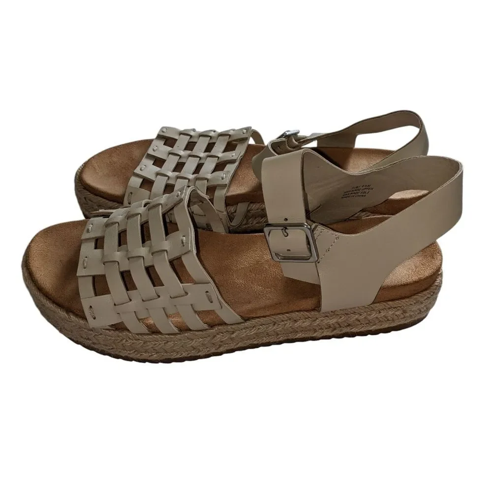WONDERLY Sandals Women Beige Tan Neutral Wedge Open Toe Buckle Strap 8.5